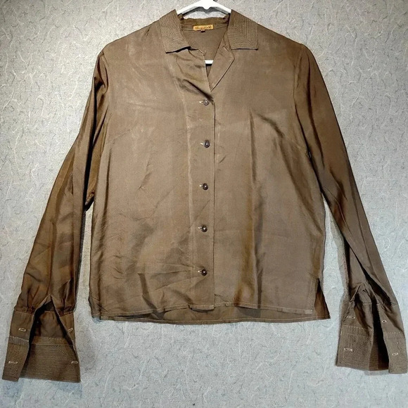 Pure Silk Women's Brown  Long Sleeve Button Up Slippery Silk Blouse Size 34 - Picture 1 of 10